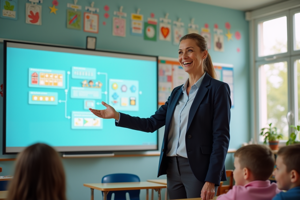 Enseignante souriante devant un tableau interactif dans une classe