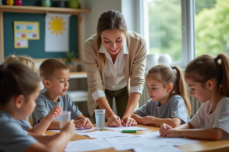 Enseignante guidant des enfants lors d'une expérience scientifique