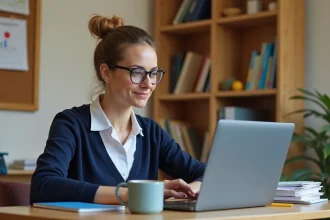 Enseignante consultant le suivi des élèves sur un logiciel éducatif Alcuin ESME sur son ordinateur portable dans une salle des professeurs