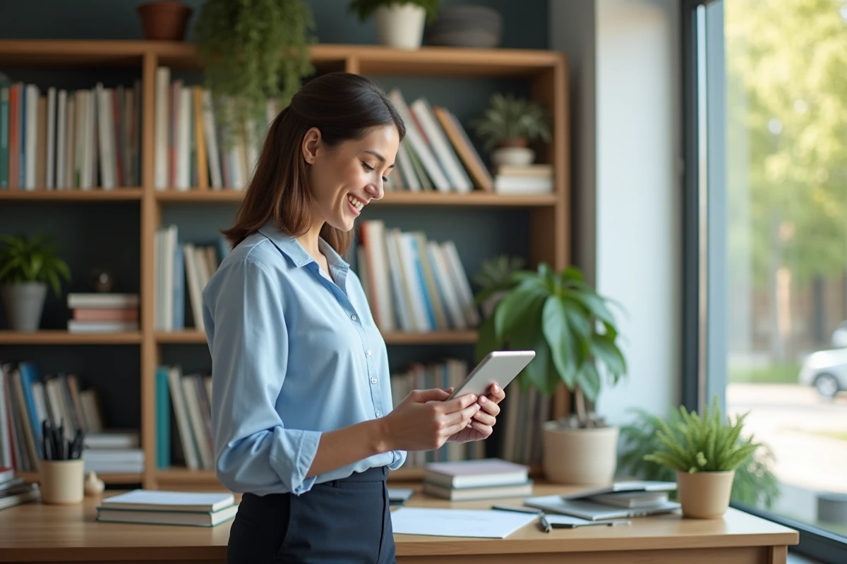 Jeune enseignante avec tablette dans un bureau lumineux