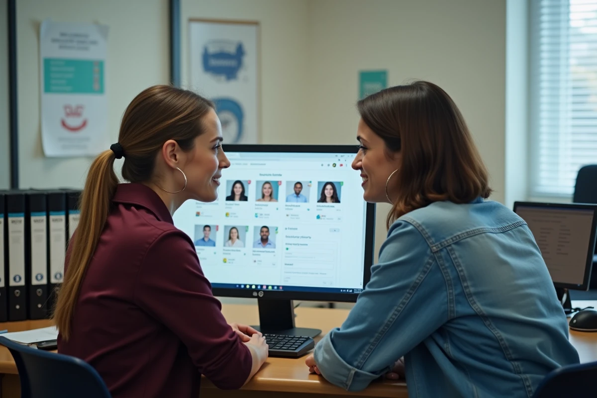 Deux enseignantes consultant ensemble la plateforme numérique ONE opendigitaleducation dans une école primaire