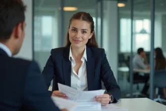 Jeune femme en entretien de stage dans un bureau moderne, discutant de documents avec un recruteur professionnel