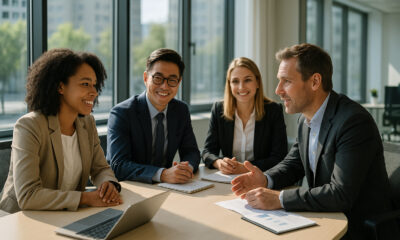 Groupe de professionnels en réunion dans un bureau lumineux