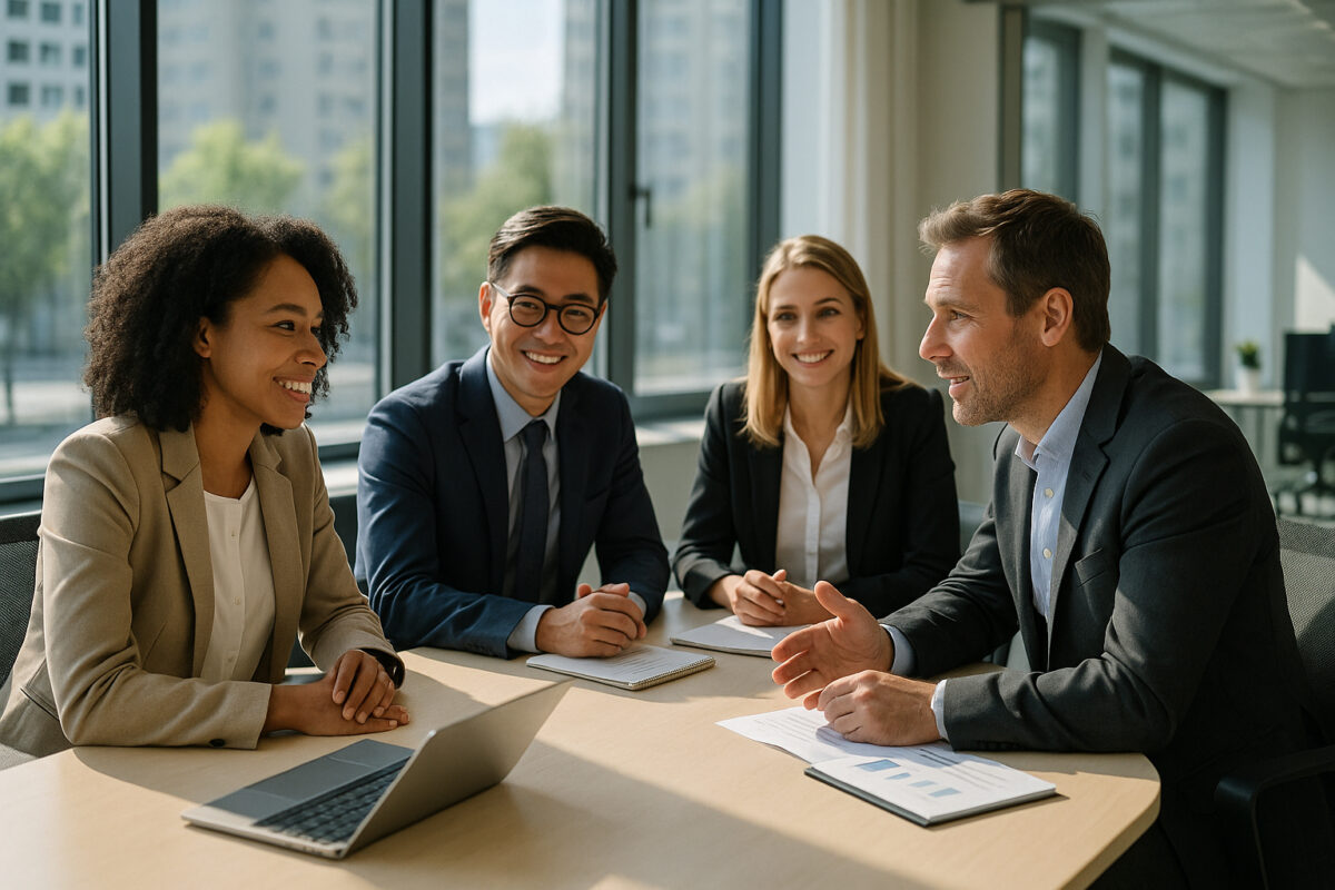 Groupe de professionnels en réunion dans un bureau lumineux