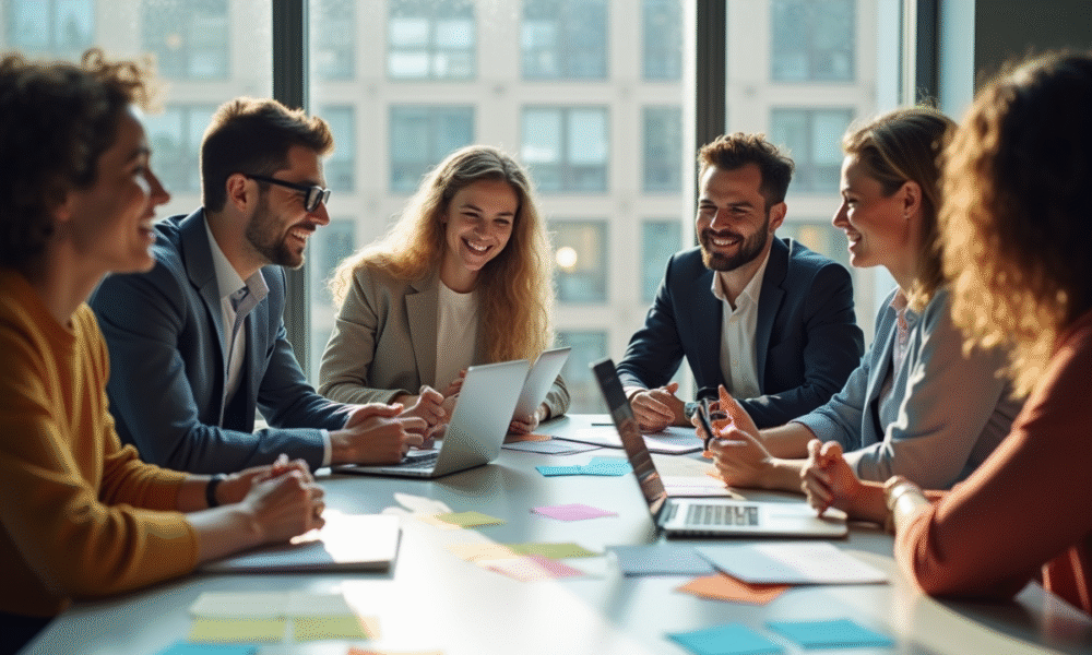 Groupe de professionnels en brainstorming dans un bureau lumineux