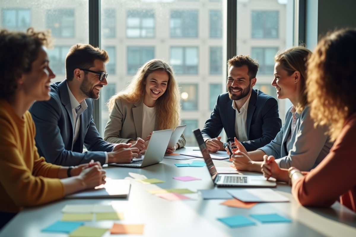 Groupe de professionnels en brainstorming dans un bureau lumineux