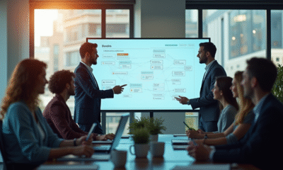 Équipe moderne collaborant autour d'un grand écran avec diagrammes de flux