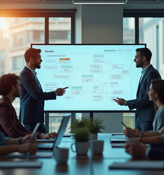 Équipe moderne collaborant autour d'un grand écran avec diagrammes de flux
