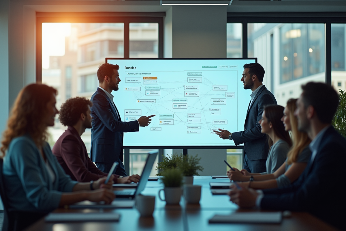 Équipe moderne collaborant autour d'un grand écran avec diagrammes de flux