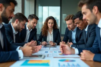 Groupe de professionnels en réunion d'équipe dynamique