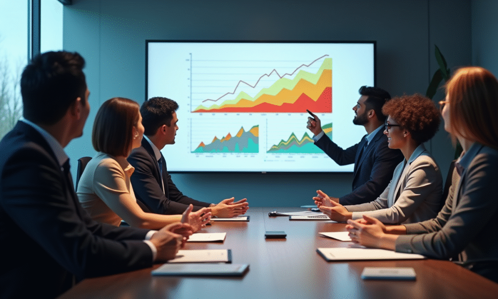 Groupe de professionnels en réunion avec graphiques colorés illustrant la croissance