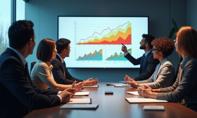 Groupe de professionnels en réunion avec graphiques colorés illustrant la croissance