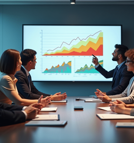 Groupe de professionnels en réunion avec graphiques colorés illustrant la croissance