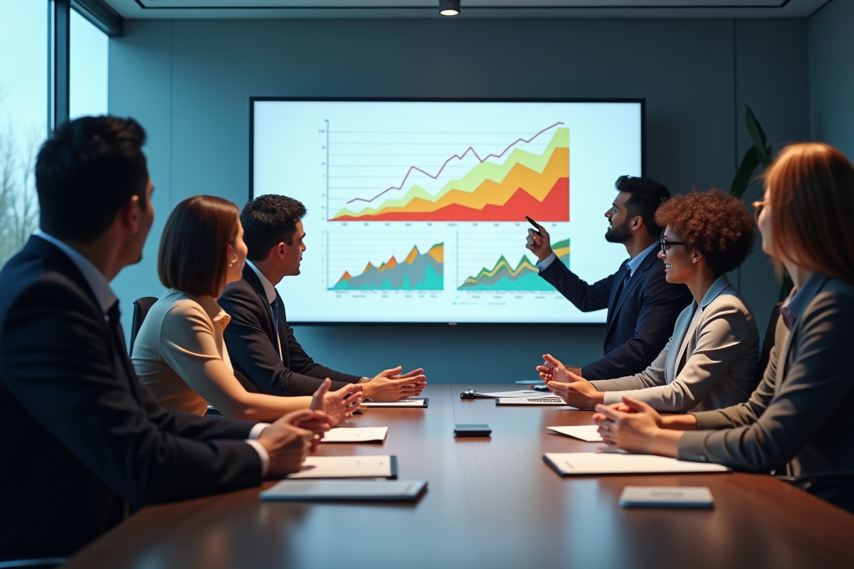 Groupe de professionnels en réunion avec graphiques colorés illustrant la croissance