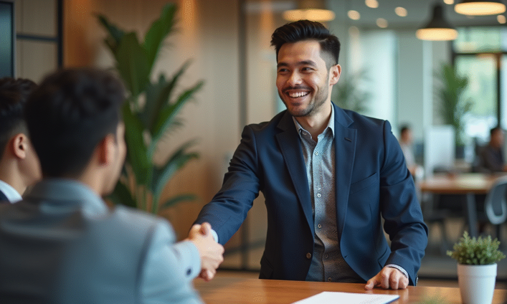 Jeune manager en costume serre la main d'un collaborateur dans un bureau moderne