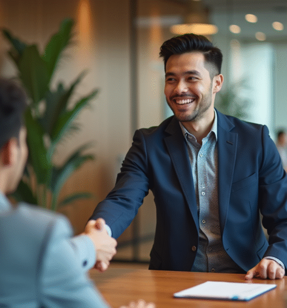 Jeune manager en costume serre la main d'un collaborateur dans un bureau moderne