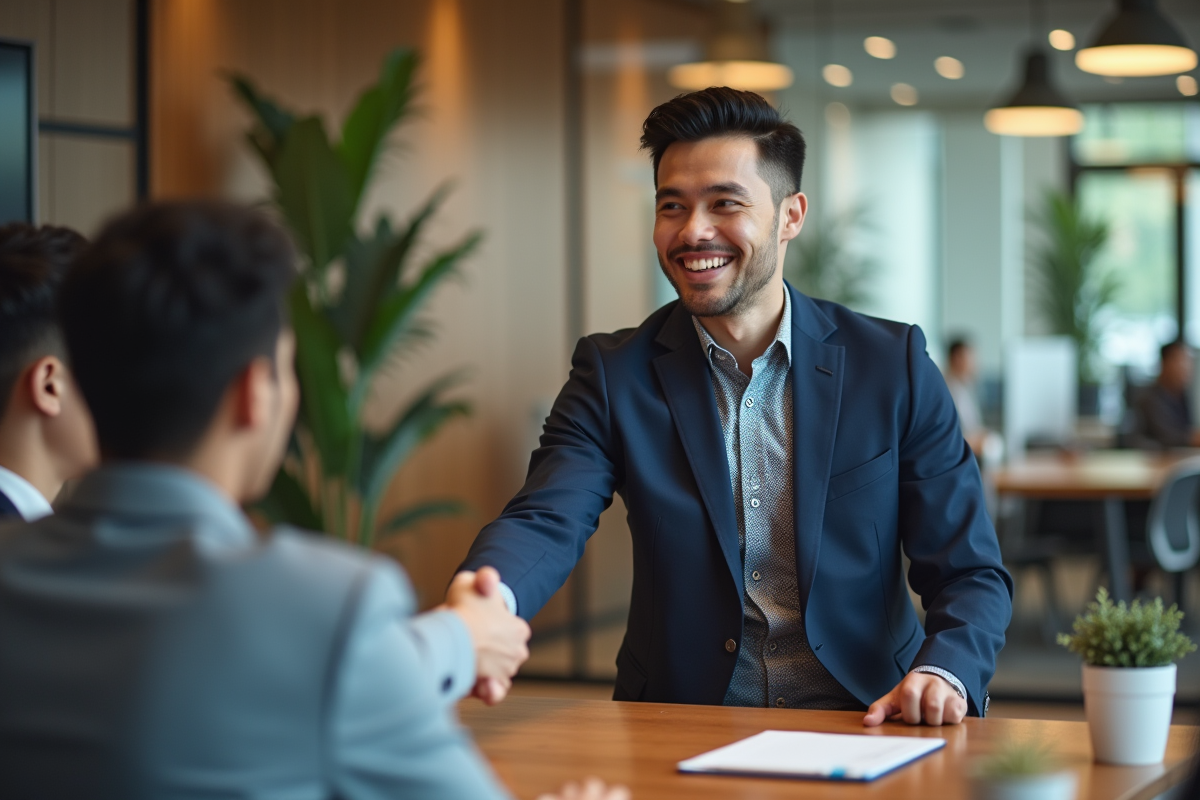 Jeune manager en costume serre la main d'un collaborateur dans un bureau moderne