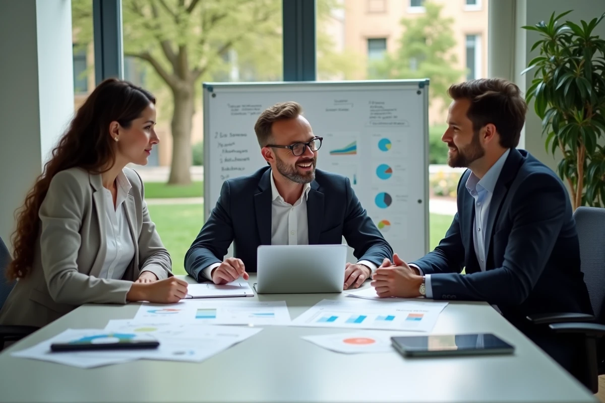 Équipe RH de NEOMA Business School en réunion autour des données de gestion des talents sur la plateforme numérique