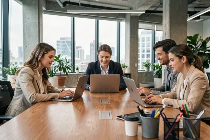 Équipe de travail utilisant plusieurs postes informatiques en open space pour organiser les tâches quotidiennes avec un logiciel de gestion multi-utilisateurs