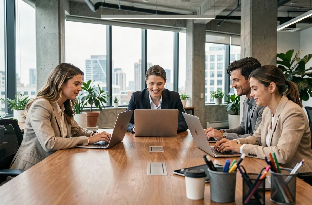 Équipe de travail utilisant plusieurs postes informatiques en open space pour organiser les tâches quotidiennes avec un logiciel de gestion multi-utilisateurs