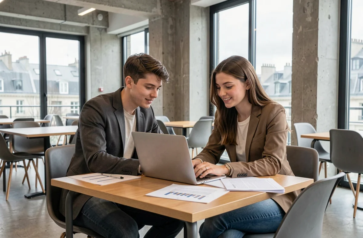 Deux étudiants d'ESUP Paris collaborant sur un projet dans un espace de travail moderne