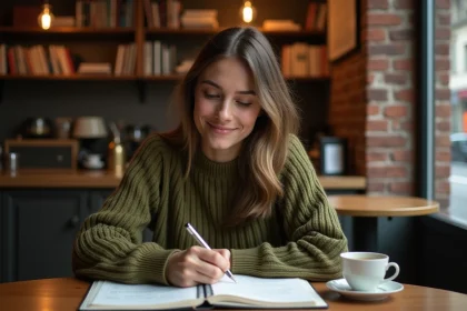 Jeune femme étudiant les verbes espagnols et expressions idiomatiques dans un café avec un manuel ouvert