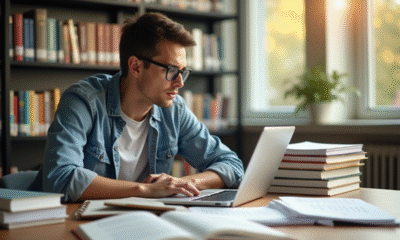 Étudiant concentré à la bibliothèque avec ordinateur et livres