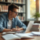 Étudiant concentré à la bibliothèque avec ordinateur et livres