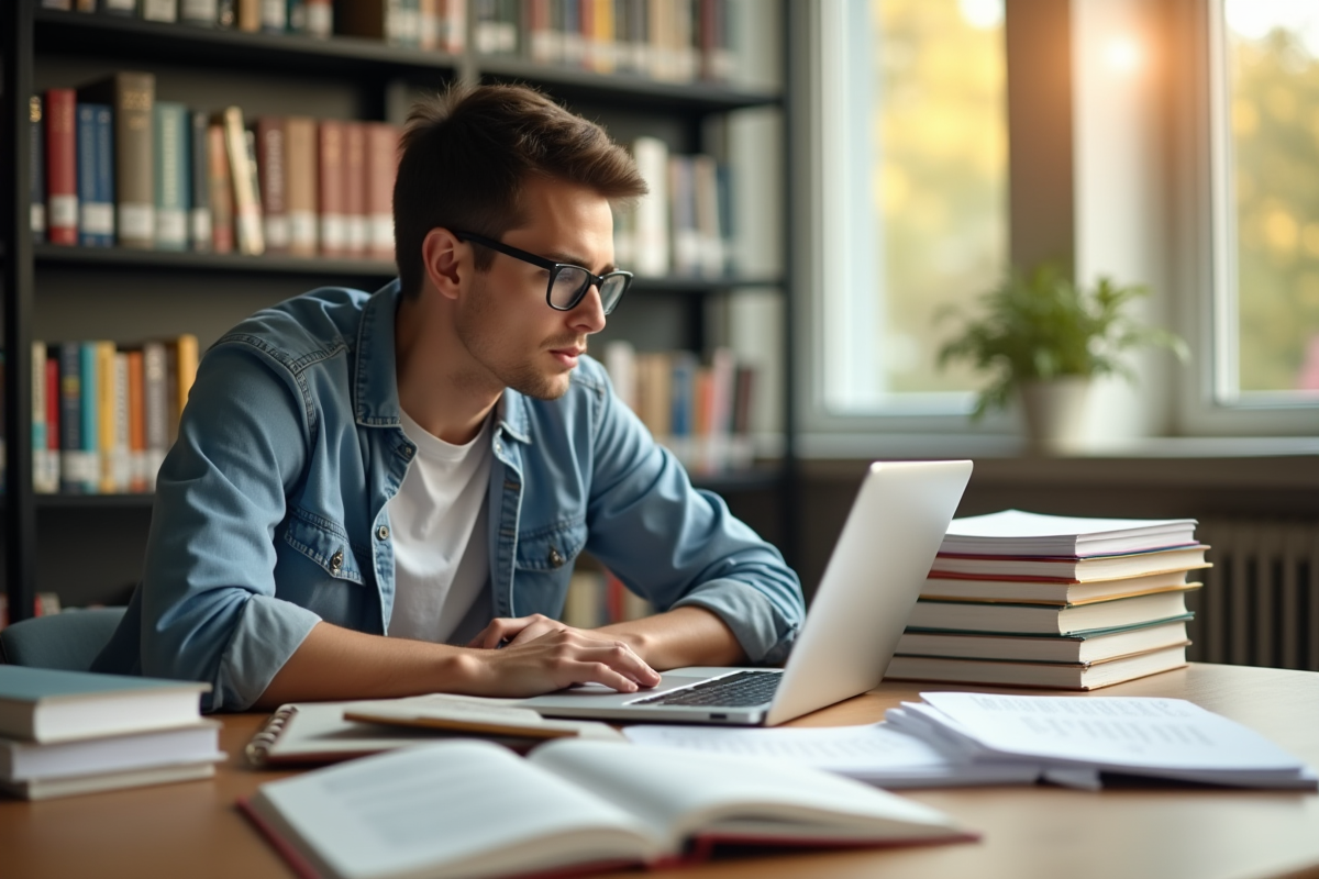 Étudiant concentré à la bibliothèque avec ordinateur et livres