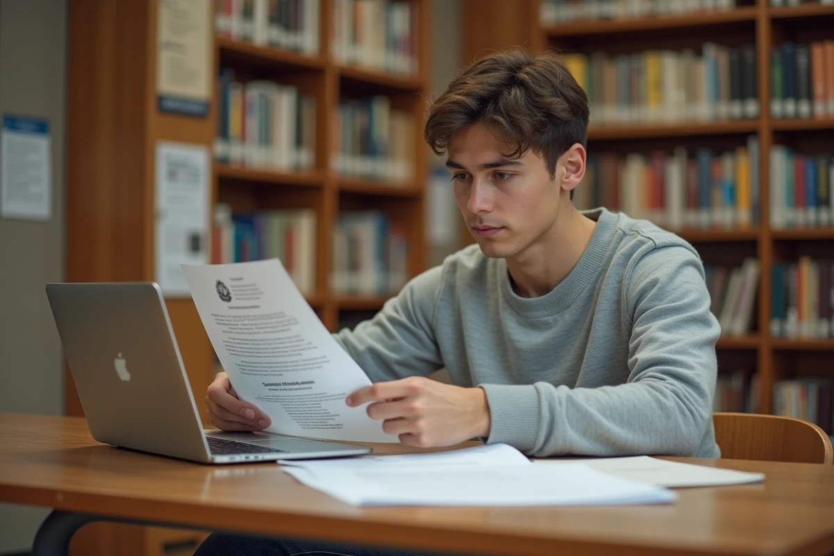 Étudiant consultant les conditions d'exonération de la CVEC pour les boursiers sur des documents officiels en bibliothèque