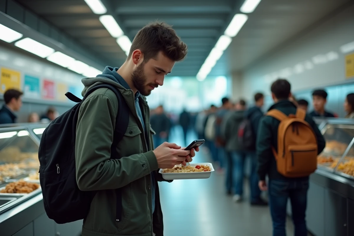 Étudiant vérifiant son solde bancaire dans la file de la cafétéria universitaire