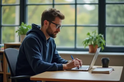 Jeune homme concentré en étude dans un bureau moderne