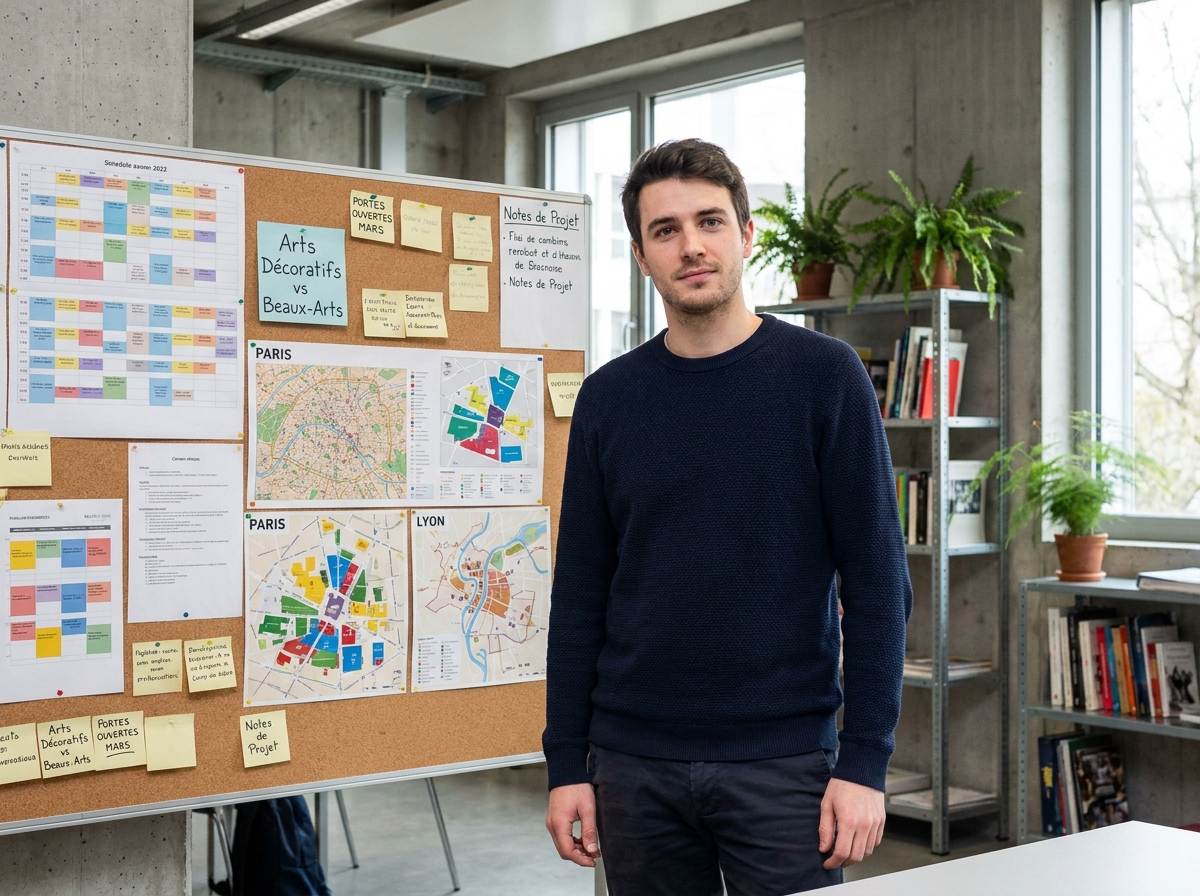 Étudiant masculin devant un tableau de comparaison des programmes d'écoles d'arts appliqués en France