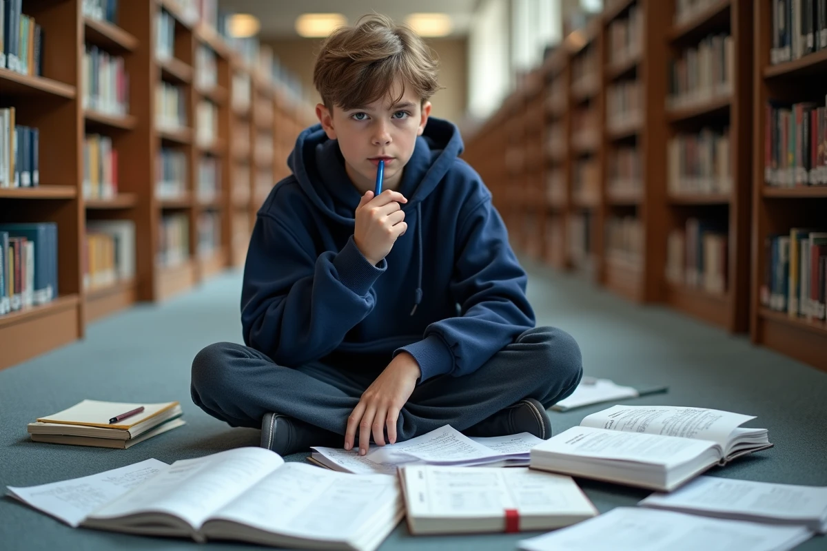 Adolescent en train d'étudier la conjugaison au passé simple dans une bibliothèque scolaire entouré de fiches de révision