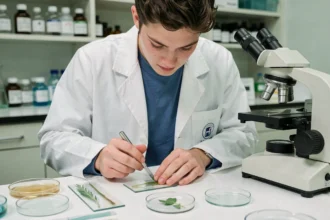 Étudiant en biologie préparant une coupe transversale de tige végétale sur paillasse de laboratoire universitaire