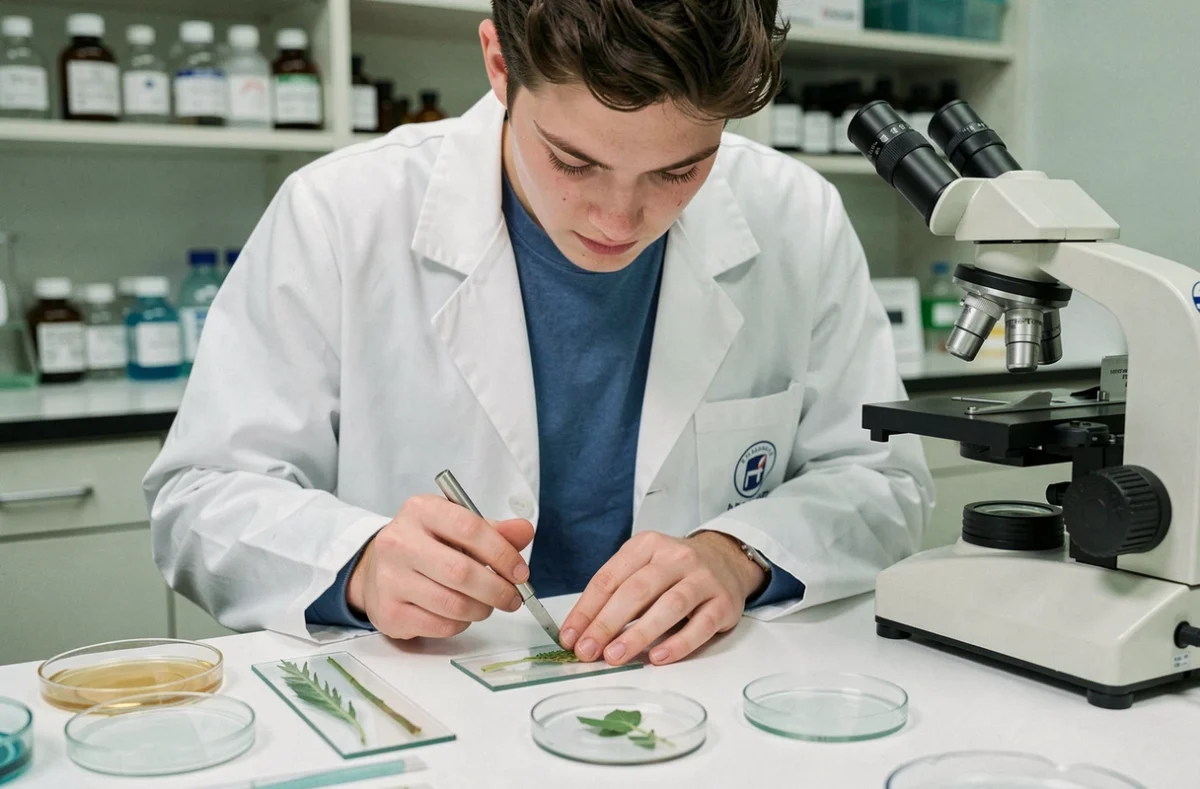Étudiant en biologie préparant une coupe transversale de tige végétale sur paillasse de laboratoire universitaire