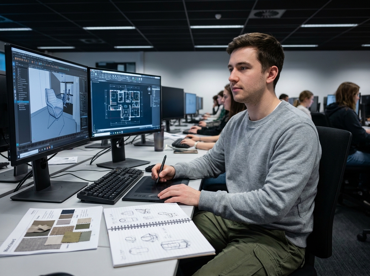 Étudiant en design d'intérieur travaillant sur un logiciel de modélisation 3D dans une salle informatique universitaire