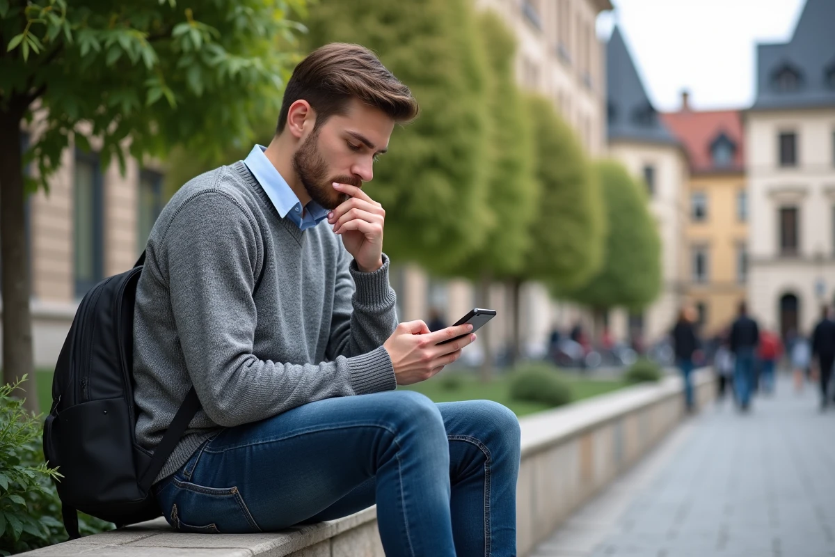 Etudiant assis dehors près des bâtiments universitaires