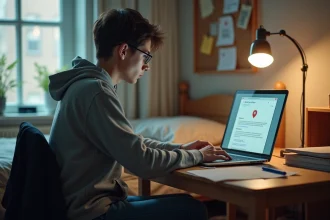 Etudiant anxieux devant son ordinateur portable en chambre d'étudiant
