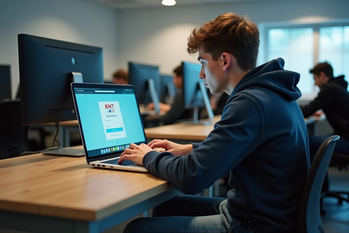 Jeune homme étudiant concentré sur son ordinateur portable à Nanterre