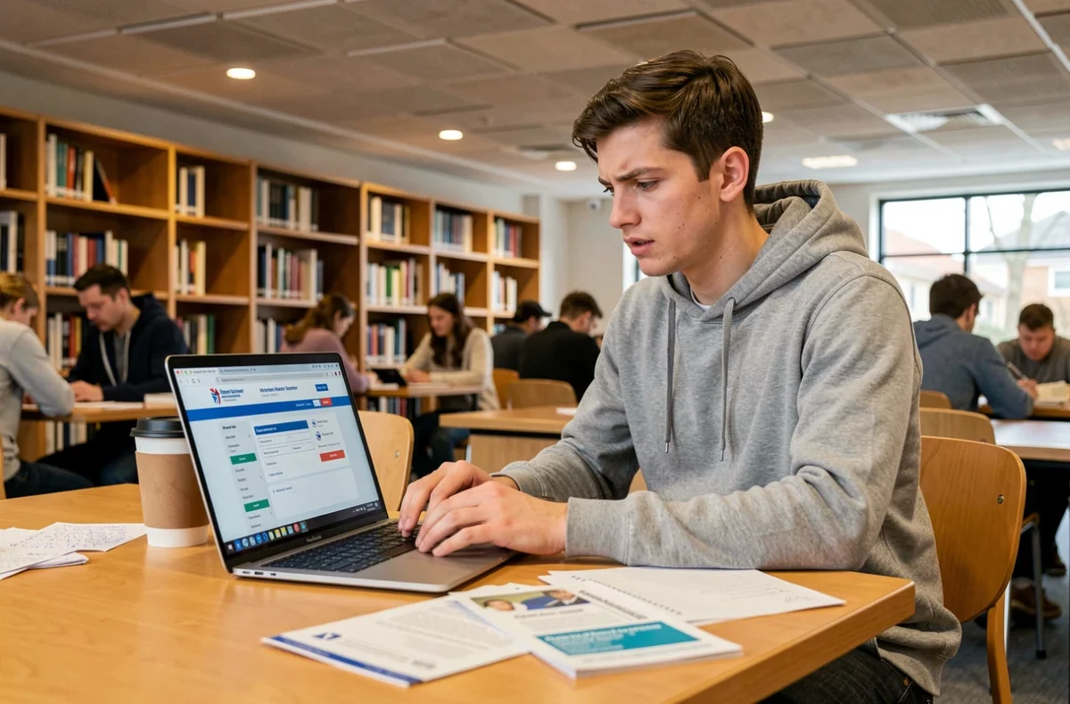 Étudiant consultant le site Cyclades pour s'inscrire à un concours national sur son ordinateur portable dans une bibliothèque universitaire