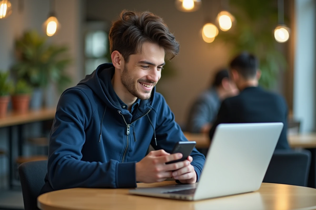 Étudiant comparant smartphone et ordinateur pour optimiser son ENT IUT Tours dans un espace commun universitaire