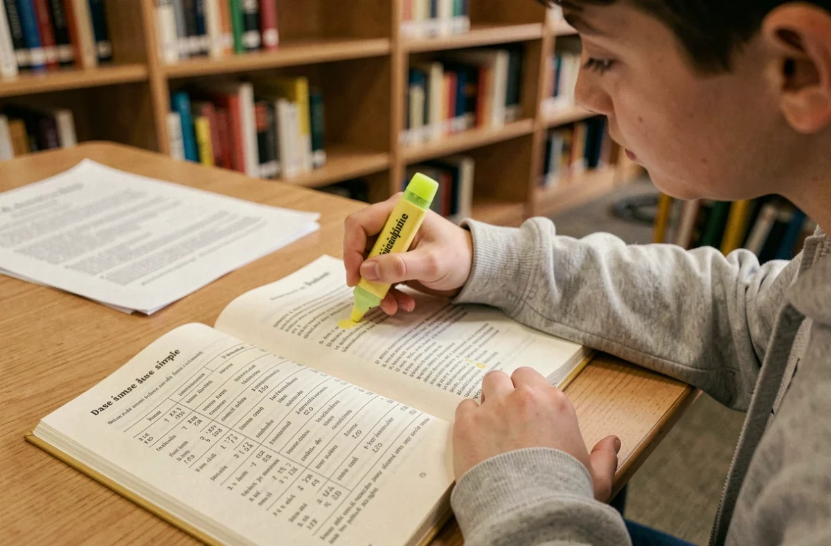 Étudiant surlignant le passé simple du verbe manger dans un manuel de grammaire française à la bibliothèque