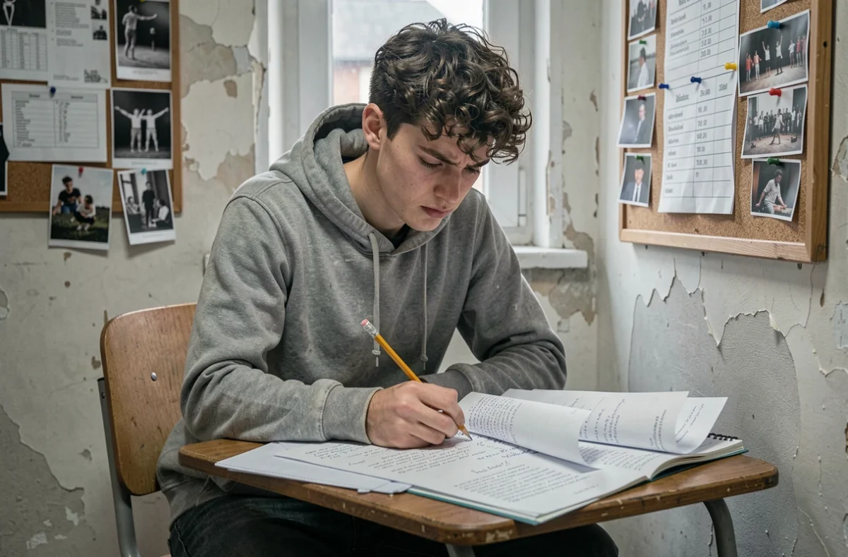 Étudiant en art dramatique annotant son texte de jeu dans un couloir de l'école de théâtre, préparant son passage de scène
