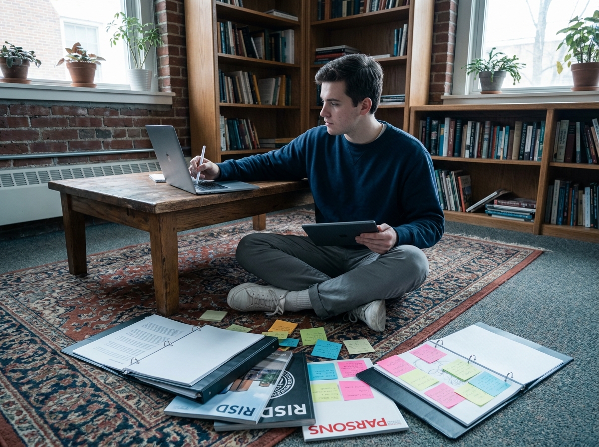 Étudiant masculin comparant des formations en design sur ordinateur portable entouré de portfolios et de prospectus d'écoles d'arts appliqués