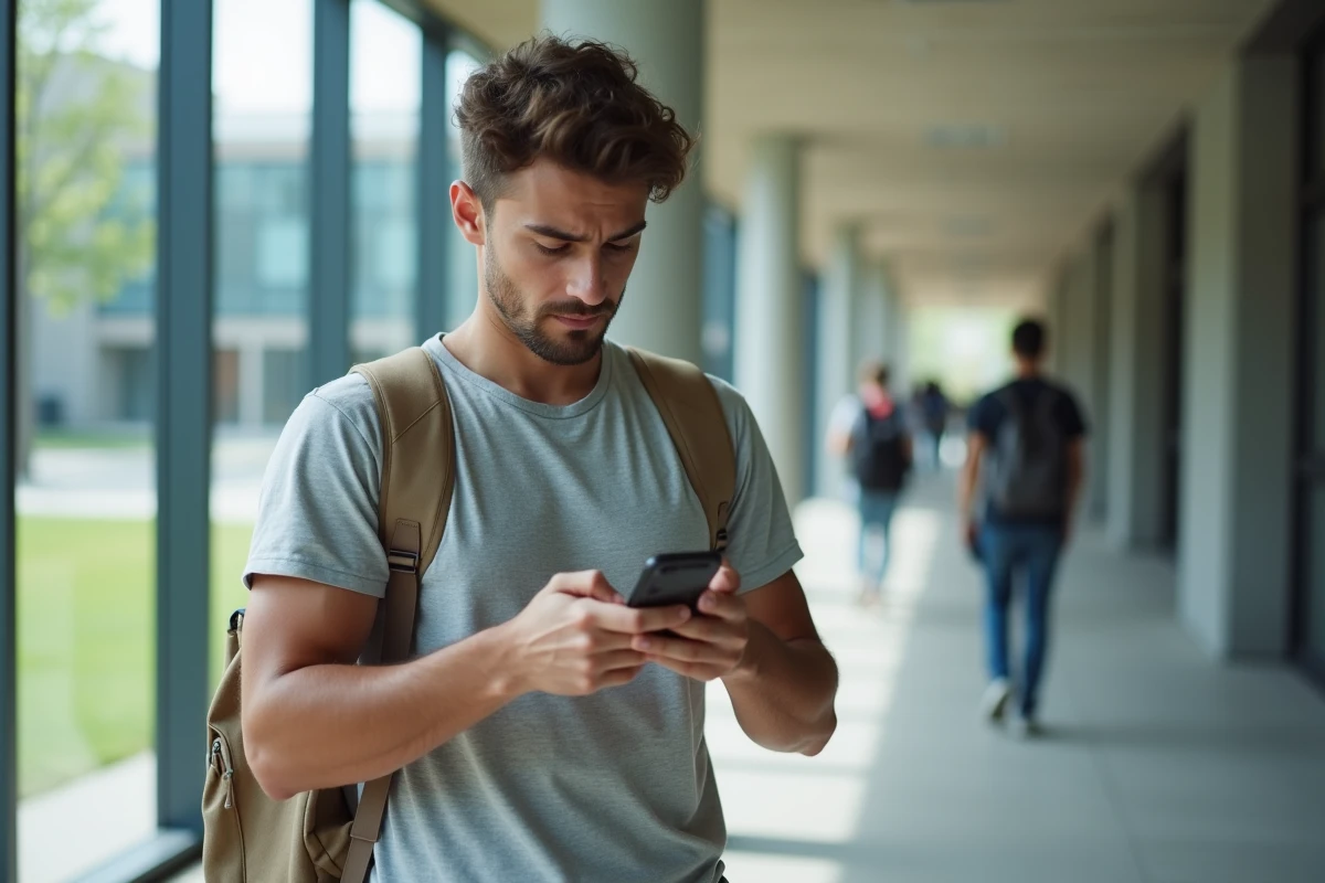 Étudiant consultant l'ENT de Sciences Po Bordeaux sur son smartphone dans un couloir du campus universitaire