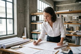 Étudiante en architecture d'intérieur travaillant sur des plans techniques à une table à dessin dans un atelier universitaire
