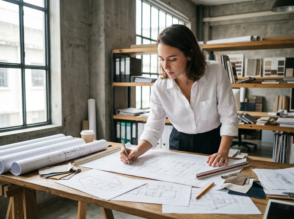 Étudiante en architecture d'intérieur travaillant sur des plans techniques à une table à dessin dans un atelier universitaire
