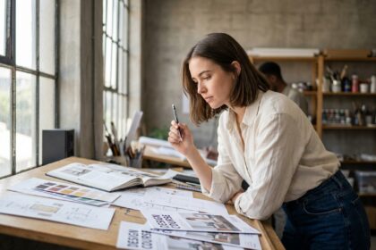 Étudiante en arts appliqués dessinant sur une table à dessin dans un studio de design, entourée de brochures de formations et de matériaux créatifs