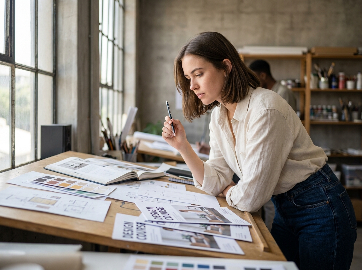 Étudiante en arts appliqués dessinant sur une table à dessin dans un studio de design, entourée de brochures de formations et de matériaux créatifs